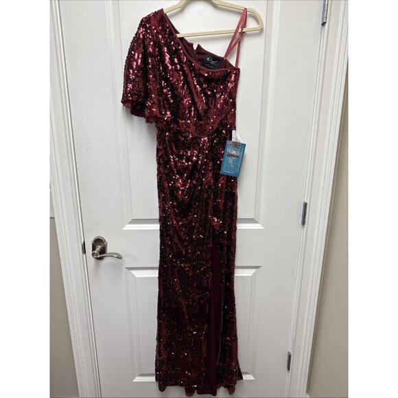 Mac Duggal Size 2 Burgundy 93540 One-Shoulder Sequin Formal Gown Dress Prom New - Picture 4 of 11